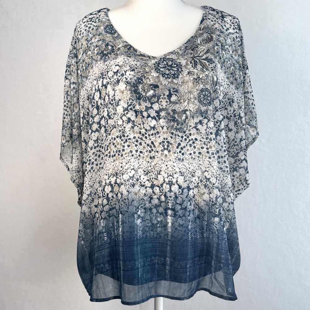 One World Teal Blue Gray Beige Popover Blouse Top Studded Double Layered Medium
